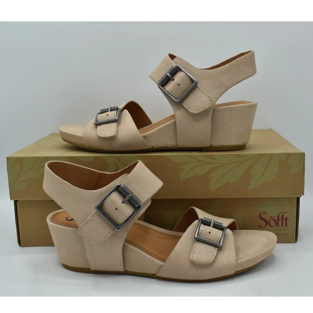 Sofft Women Size 7 Valeri Tapioca Grey Leather Wedge Sandals Shoes